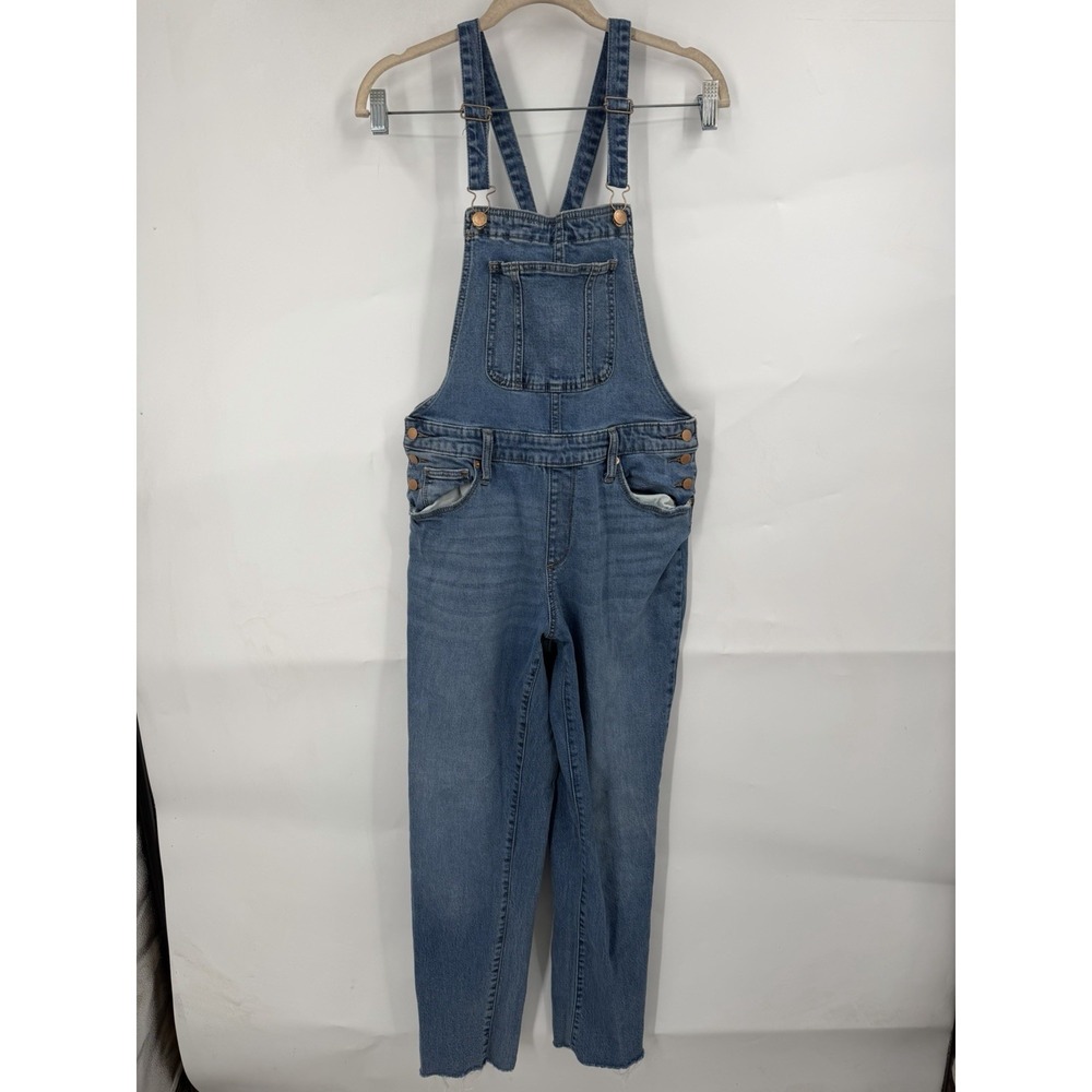Universal Thread Raw Hem Straight Leg Denim Overalls Women 8 Medium Wash Blue